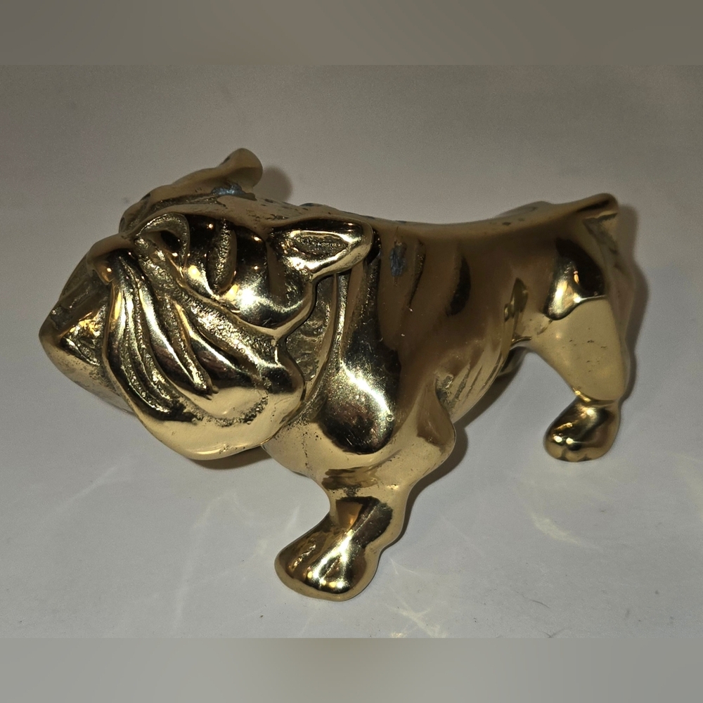 Vintage Solid Brass Bulldog Figurine Paperweight Dog Decor Lacquered Taiwan 5"